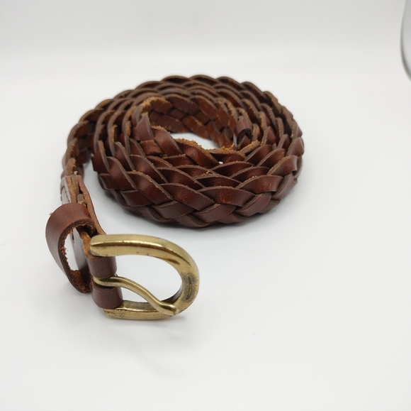 Braided Brown Leather Belt with Gold Buckle Sz S/M Skinny Adjustable - Picture 2 of 11
